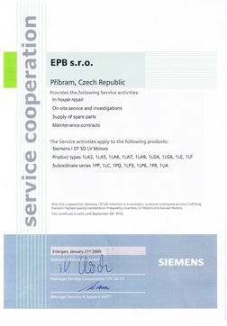 Certificate - authorized dealer of Siemens electric motors